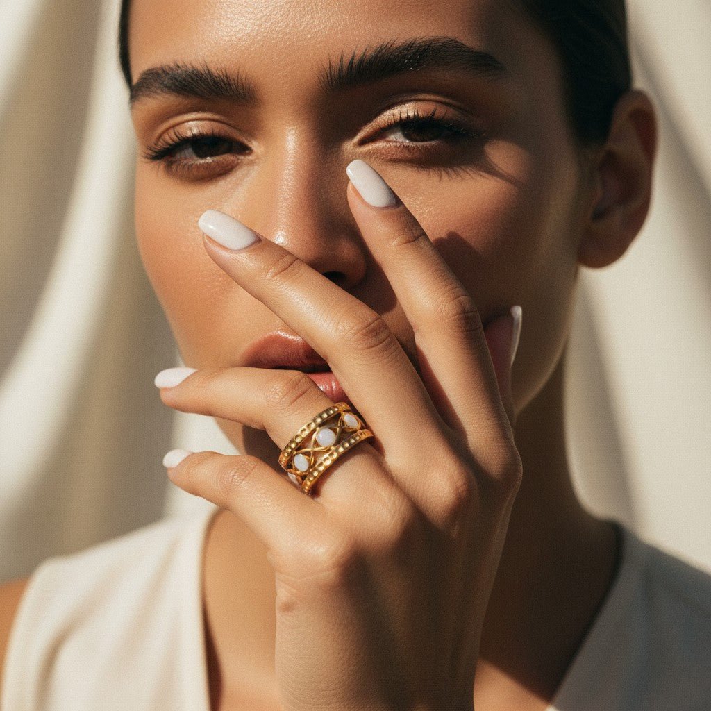 Goudkleurige Verstelbare RVS Ring met Emaille Boze Ogen - 7 mm - Aramat Jewels - Ringen - cadeautip