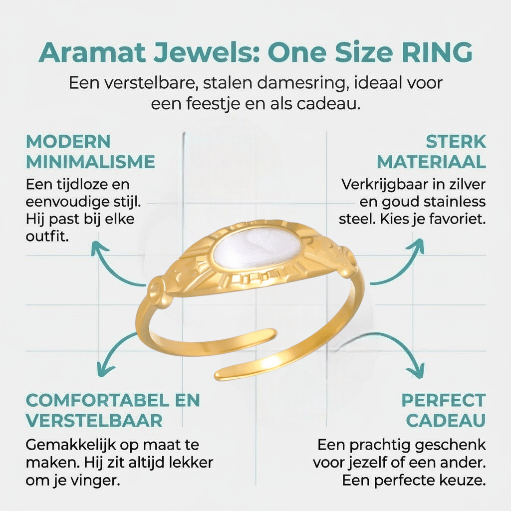 Goudkleurige Verstelbare RVS Ring met Parelmoer Wit Emaille - 6 mm - Aramat Jewels - Ringen - cadeautip