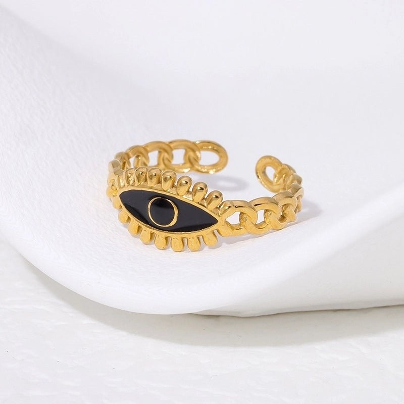 Goudkleurige Verstelbare RVS Ring met Zwart Emaille Boze Oog - 9 mm - Aramat Jewels - Ringen - cadeautip