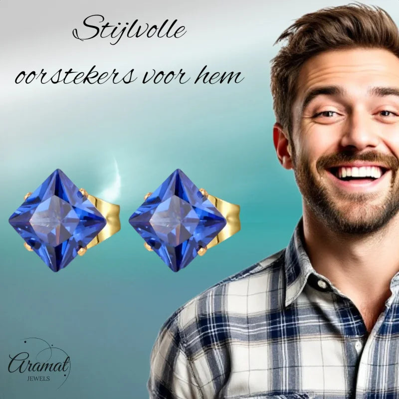 Oorbellen met vierkante blauwe edelsteen.