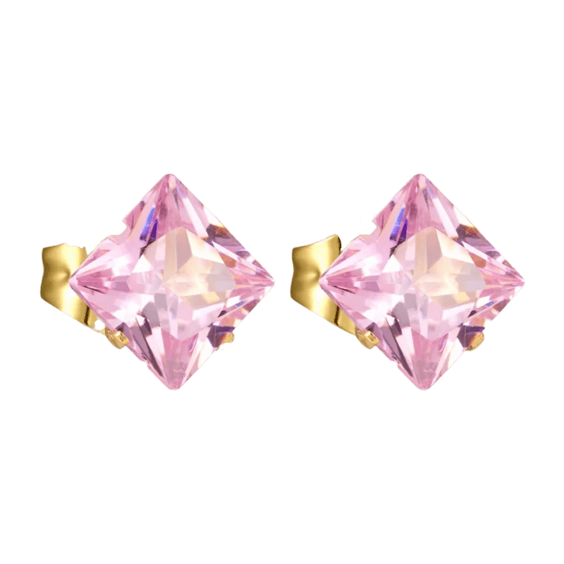 Paar vierkante roze edelsteen oorbellen met gouden zettingen.