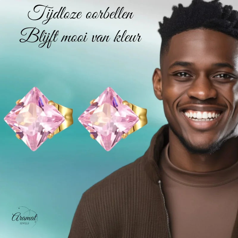 Roze vierkante oorbellen.