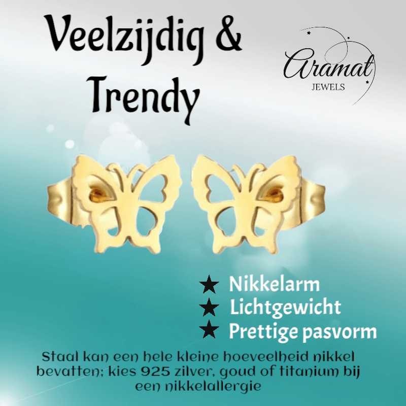 Goudkleurige vlinder oorstekers 9 mm - Aramat Jewels - Oorbellen - cadeautip
