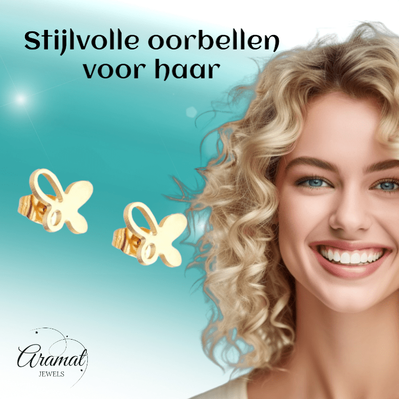 Goudkleurige vlinder oorstekers 9x8 mm - Aramat Jewels - Oorbellen - cadeautip