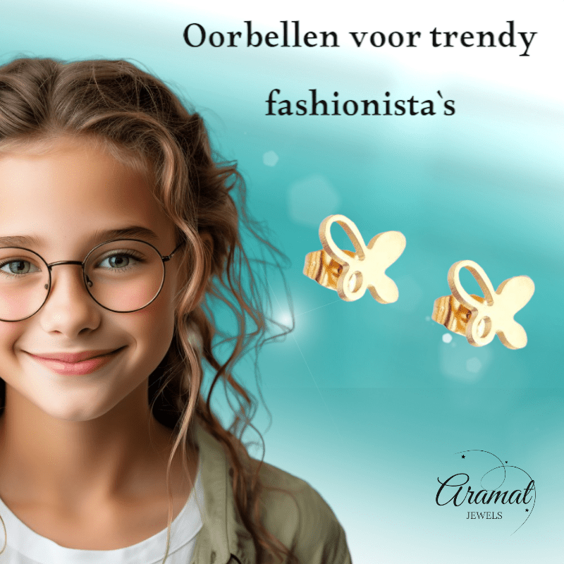Goudkleurige vlinder oorstekers 9x8 mm - Aramat Jewels - Oorbellen - cadeautip