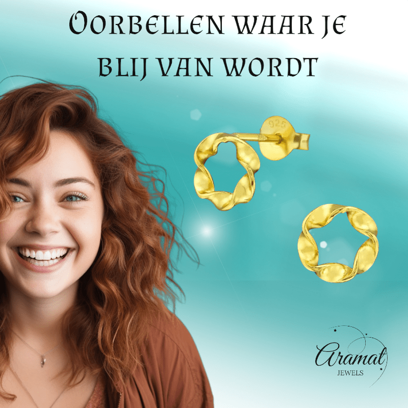 Goudkleurige zilveren gedraaide oorstekers - oor4751 - 38588 - Oorbellen kopen# - 7mm - 925 Zilver - alles