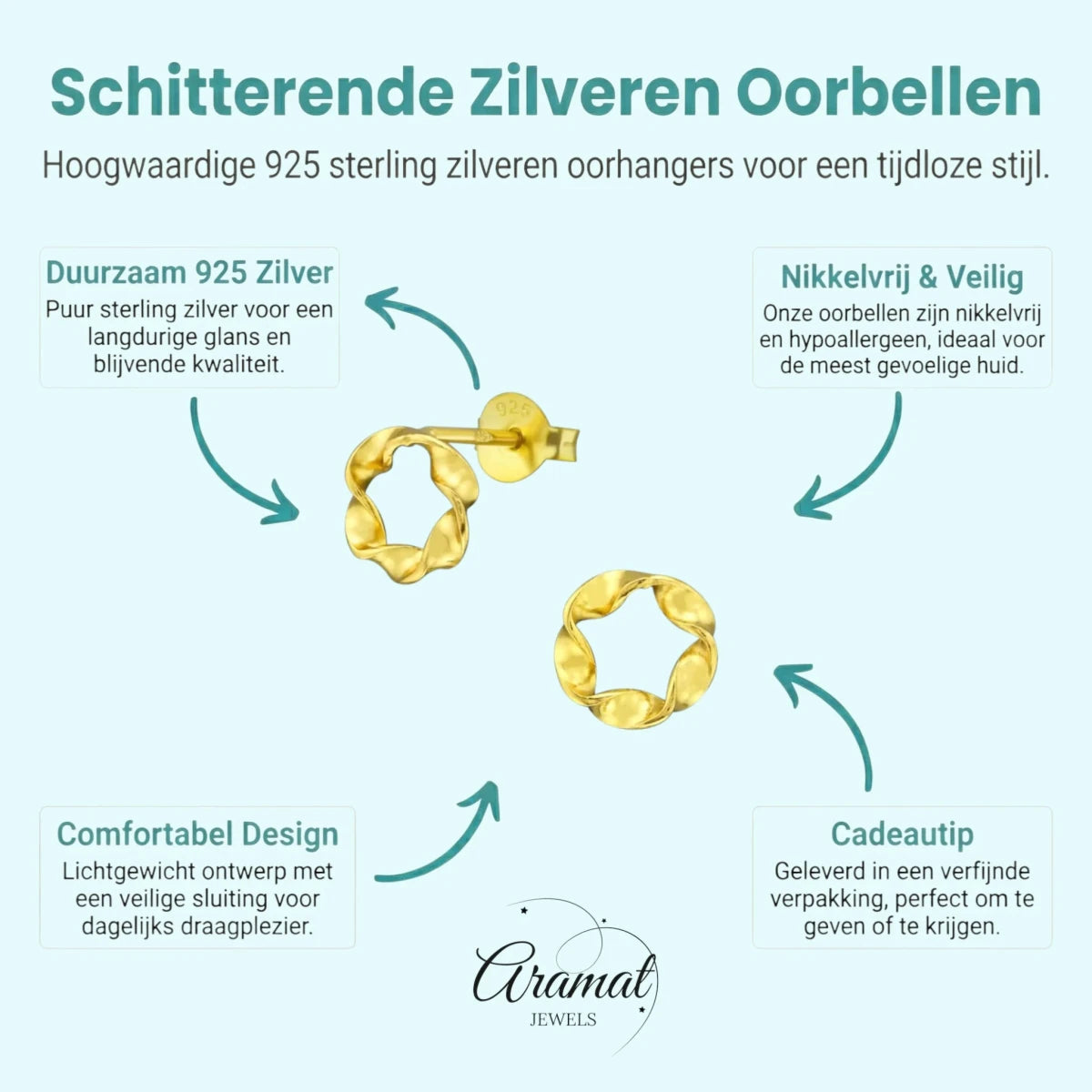 Goudkleurige zilveren gedraaide oorstekers - Aramat Jewels - Oorbellen - cadeautip