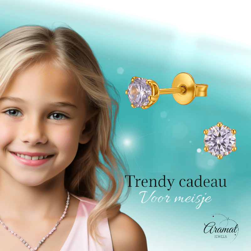 Goudkleurige Zirkonia Oorbellen 4mm Lila - Aramat Jewels - Oorbellen - cadeautip