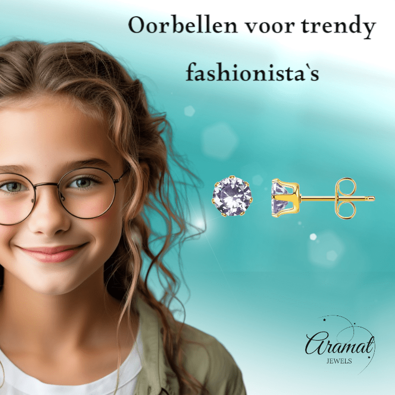 Goudkleurige Zirkonia Oorbellen 5mm Lila - Aramat Jewels - Oorbellen - cadeautip