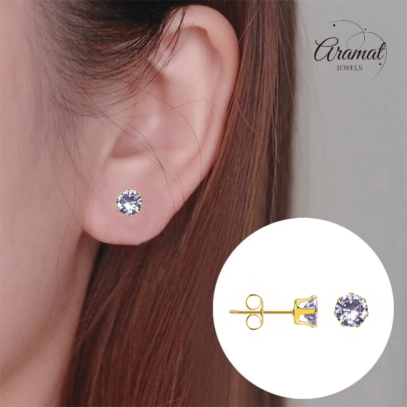 Goudkleurige Zirkonia Oorbellen 6mm Lila - Aramat Jewels - Oorbellen - cadeautip