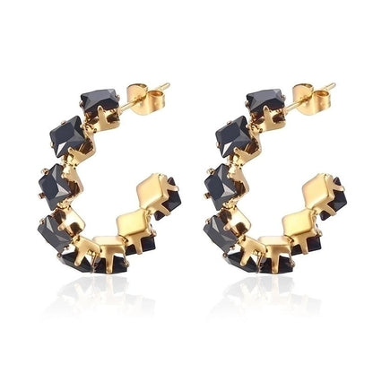 Goudkleurige Zirkonia Oorringen 28x5mm RVS - 8 Steentjes - Aramat Jewels - RVS Sieraden - Oorbellen - cadeautip