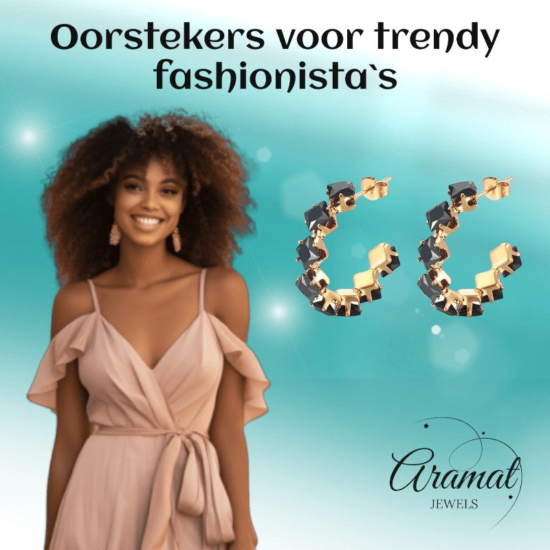Goudkleurige Zirkonia Oorringen 28x5mm RVS - 8 Steentjes - Aramat Jewels - RVS Sieraden - Oorbellen - cadeautip