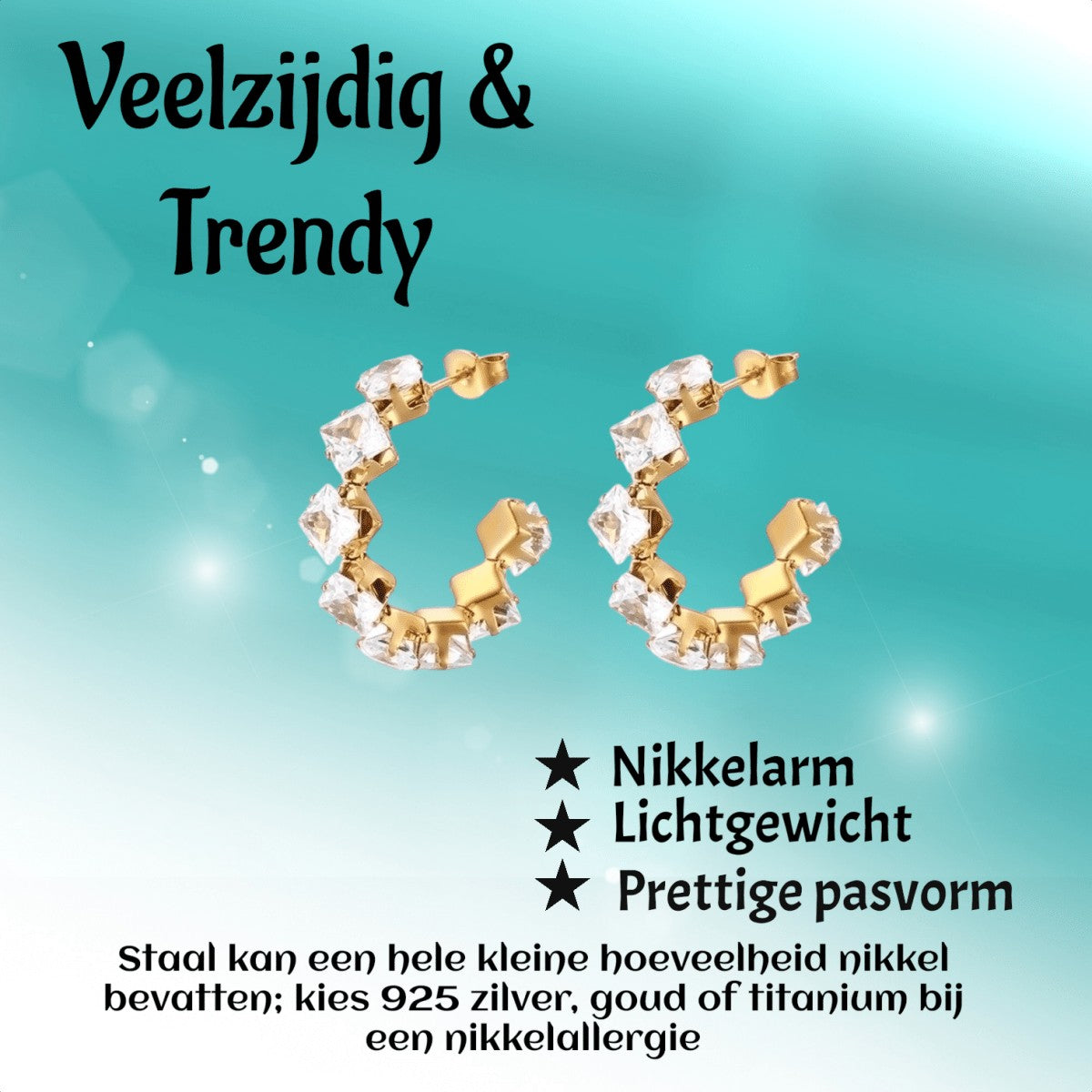Goudkleurige Zirkonia Oorringen 28x5mm RVS - 8 Steentjes - Aramat Jewels - RVS Sieraden - Oorbellen - cadeautip