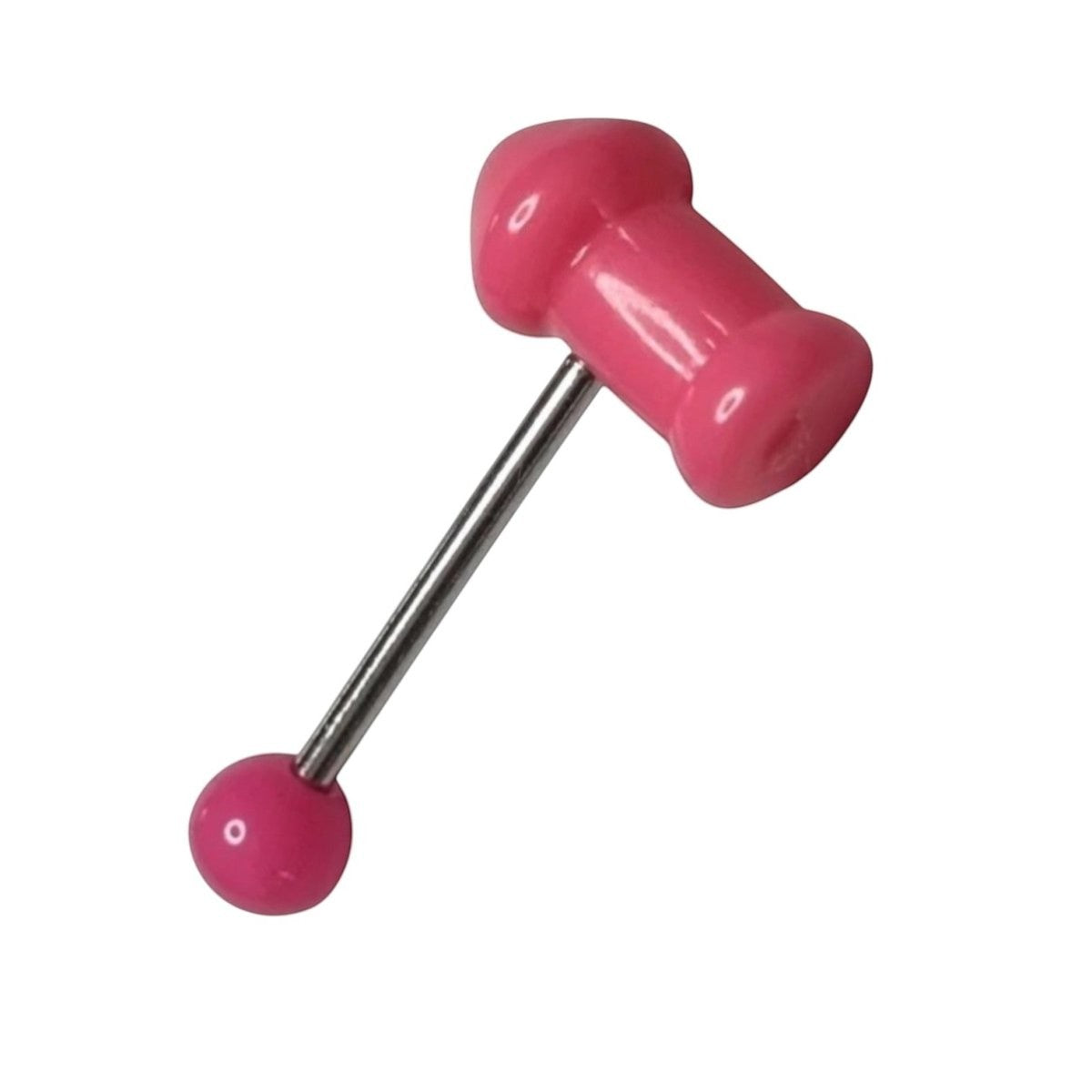 Aramat Jewels pink acrylic penis-shaped tongue piercing with a silver barbell and pink ball end.