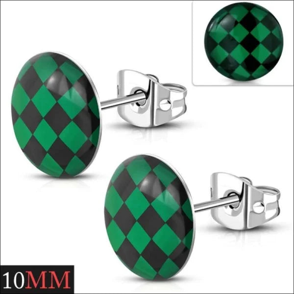 Stoere Stalen Logo Oorknoppen - Trendy Oorbellen 10mm / Geruit-groen-zwart