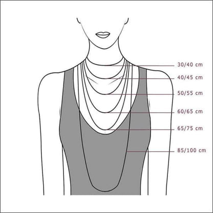 Diagram Van Een Vrouwelijke Nek Met Metingen In Stalen Griekse Halsketting Van Aramat Jewels®.