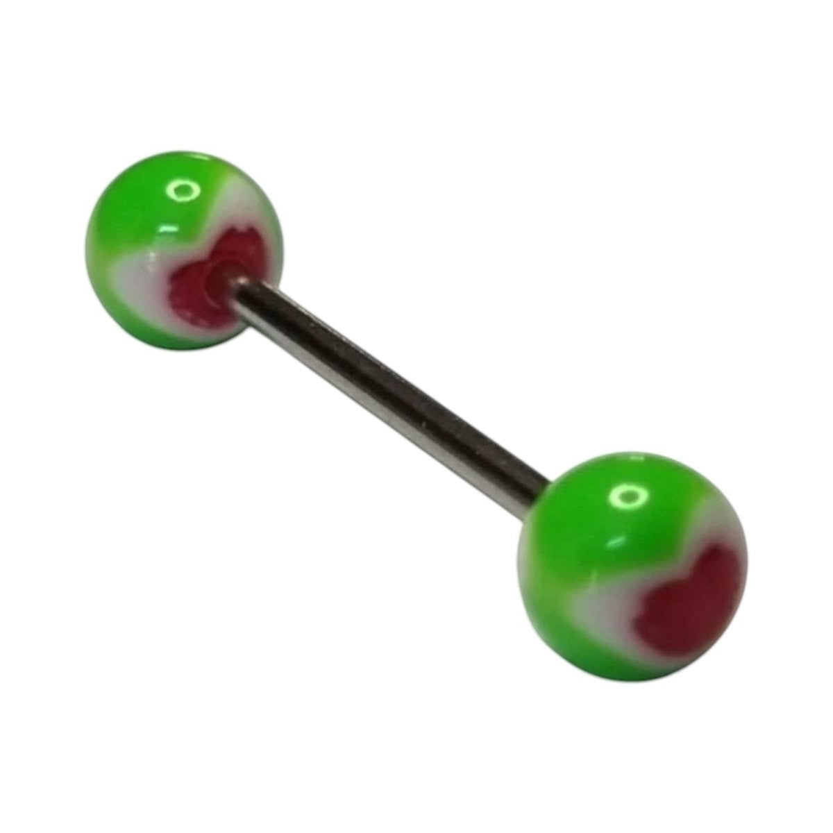 Een paar groene en rode ballen met een zwarte balk