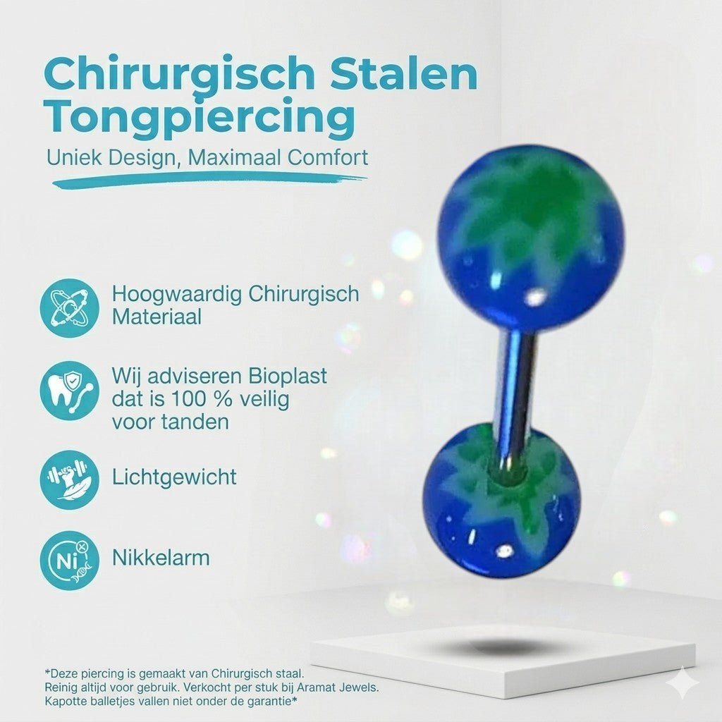 Een paar blauwe en groene ballen met een groene planeet erop