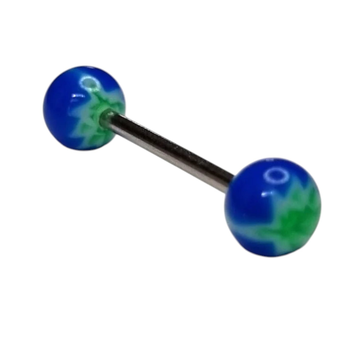 Een paar blauwe en groene ballen met een groen en wit ontwerp