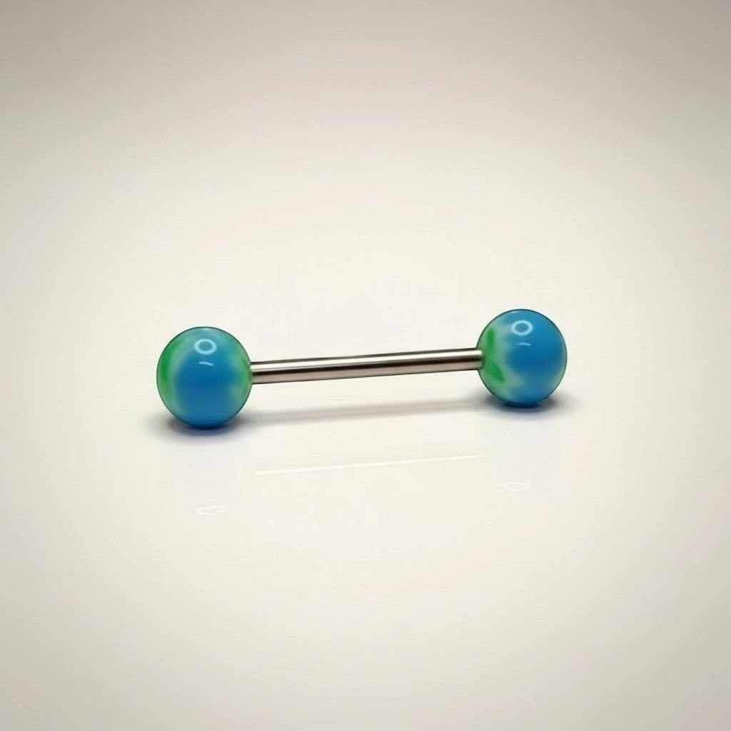Aramat Jewels surgical steel tongue piercing with blue and green weed leaf design balls.