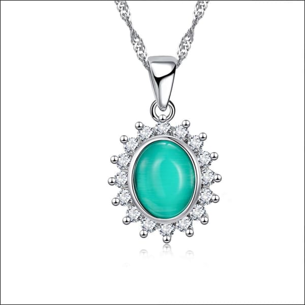 Zilveren Dames Halsketting Met Turquoise Groene Steen En Witte Diamanten