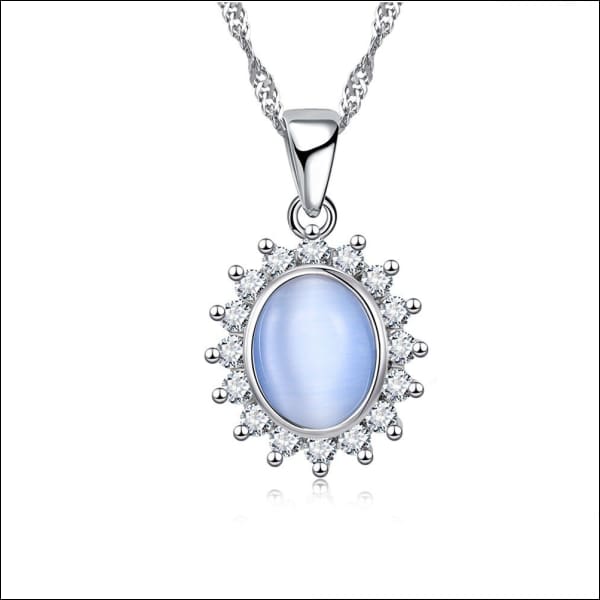 Blauwe Sterhanger Met Diamanten Aan Een Ketting, Zilveren Dames Halsketting Met Cats Eye 45cm.