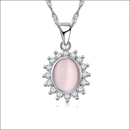 Roze Steen Hanger Met Witte Diamanten - Zilveren Dames Halsketting Met Cats Eye 45cm
