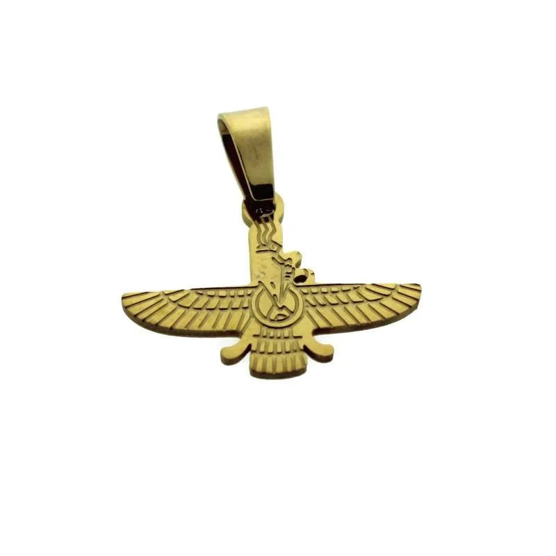 Een gouden hanger met een egyptisch vogelmotief