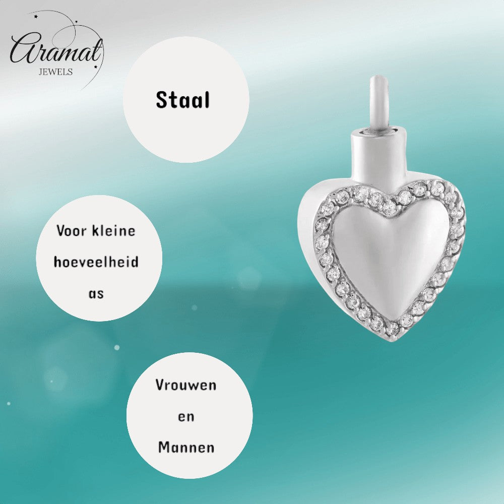 Hart ashanger met zirkonia – zilverkleurig staal - Aramat Jewels - Gedenkhangers - cadeautip