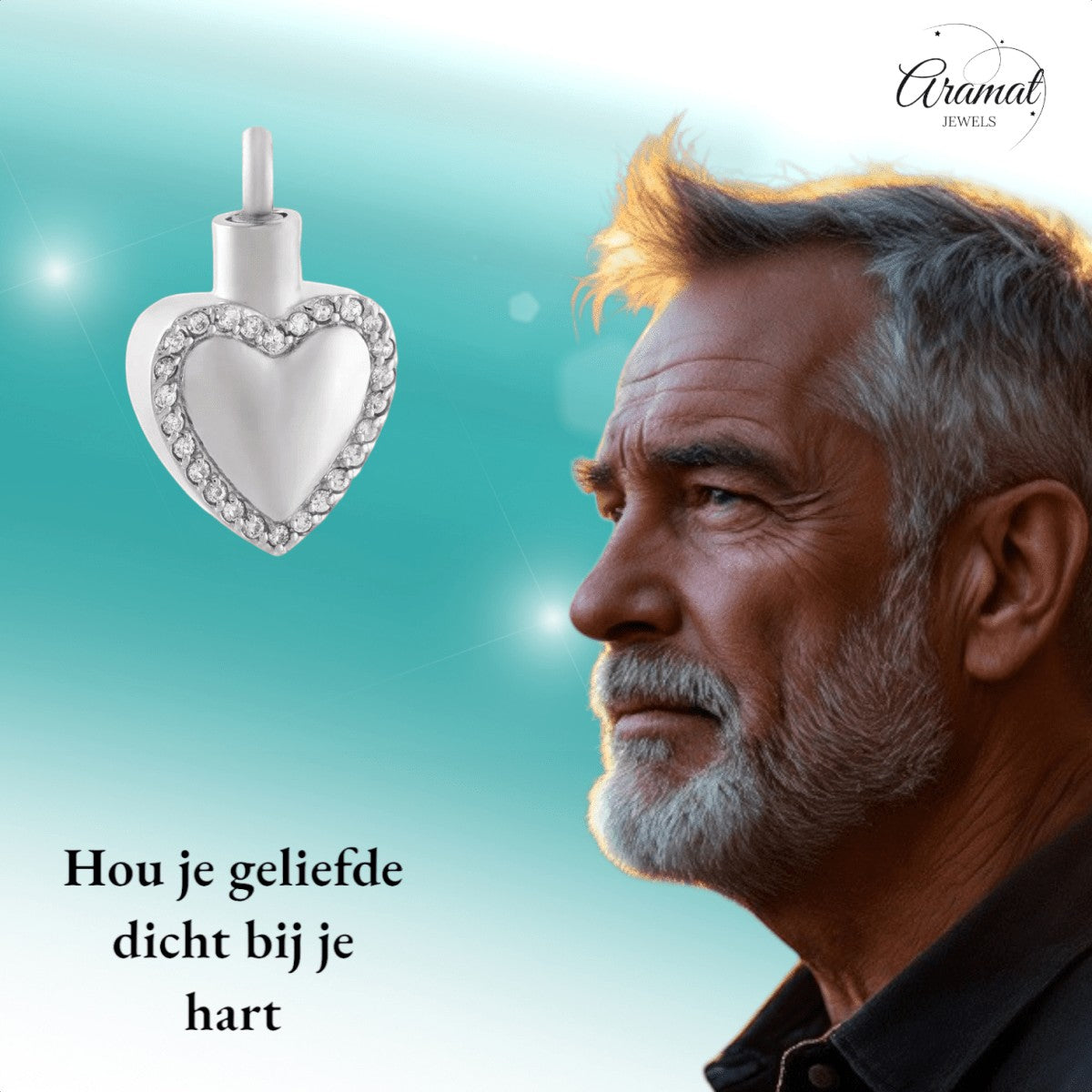 Hart ashanger met zirkonia – zilverkleurig staal - Aramat Jewels - Gedenkhangers - cadeautip