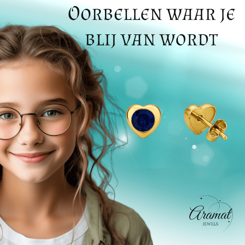 Hartjes Oorbellen met Blauwe Zirkonia - goudkleurig RVS - oor2794 - XE71684 - Oorbellen kopen# - 8mm - alles - blauw