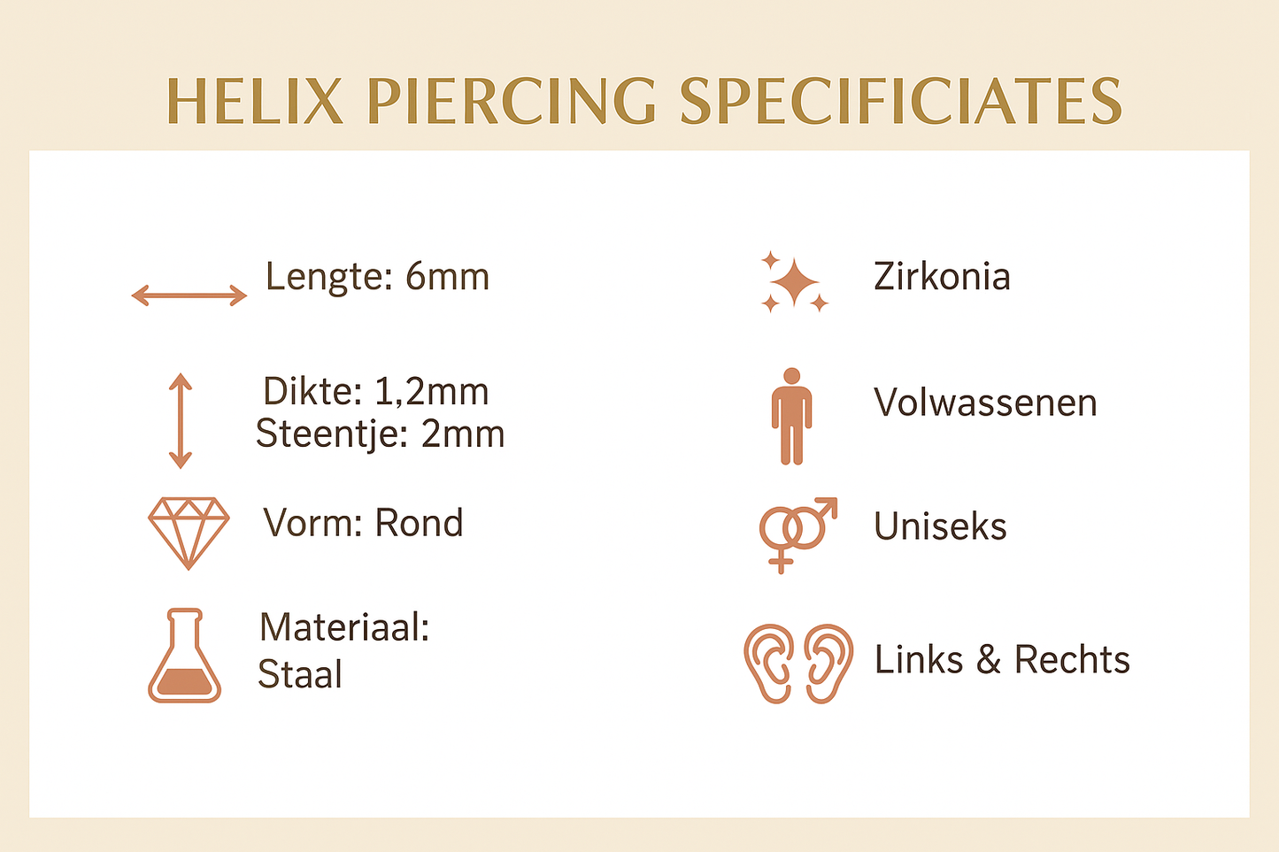 Helix Tragus Piercing Goudkleur Zirkonia 6mm 1.2mm