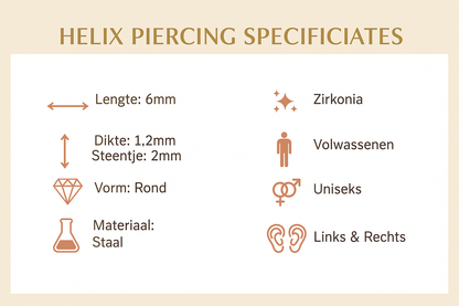 Helix Tragus Piercing Goudkleur Zirkonia 6mm 1.2mm