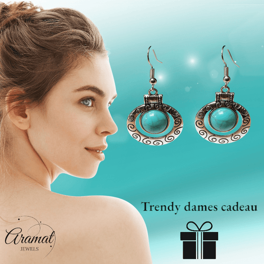 Hippe Bohemien Oorhangers met Turquoise Steen - oor6028 - Oorhangers kopen# - 50mm - alles - bali