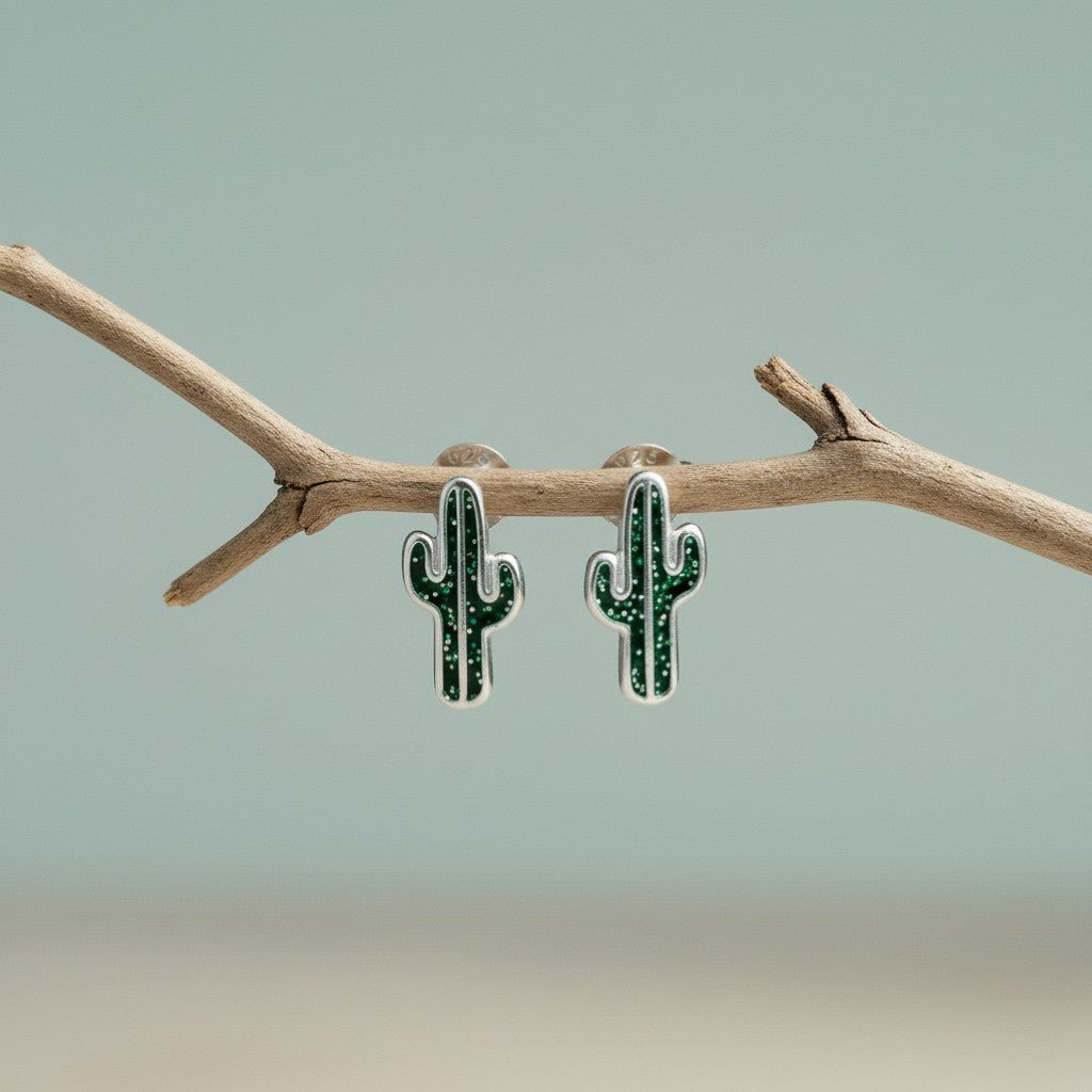 Aramat Jewels silver cactus stud earrings with green glitter enamel for children.