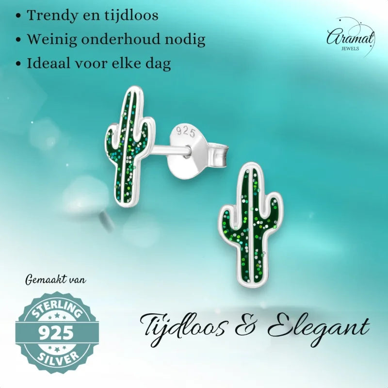 Zilveren cactus oorbellen.