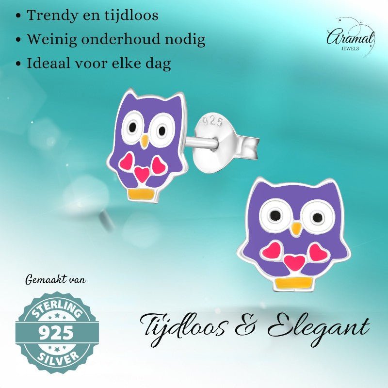 Hippe Zilveren Uiltjes Oorbellen - Paars Emaille - Cadeautip - oor886 - 17888 - Oorbellen kopen