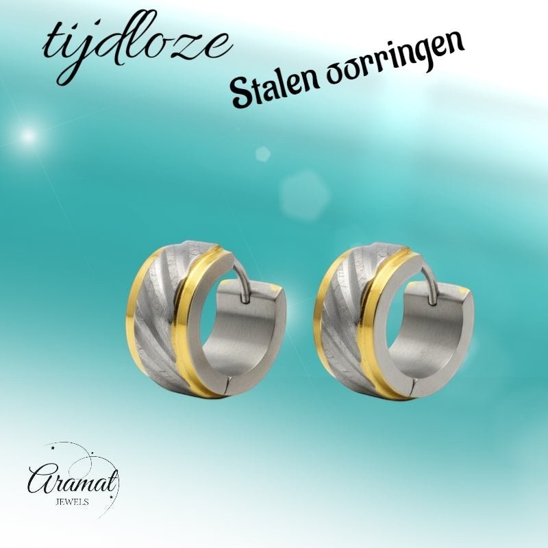 Huggies – Bicolor RVS Gediamanteerd Design (Goudkleur & Zilverkleur) - Aramat Jewels - Oorringen - cadeautip