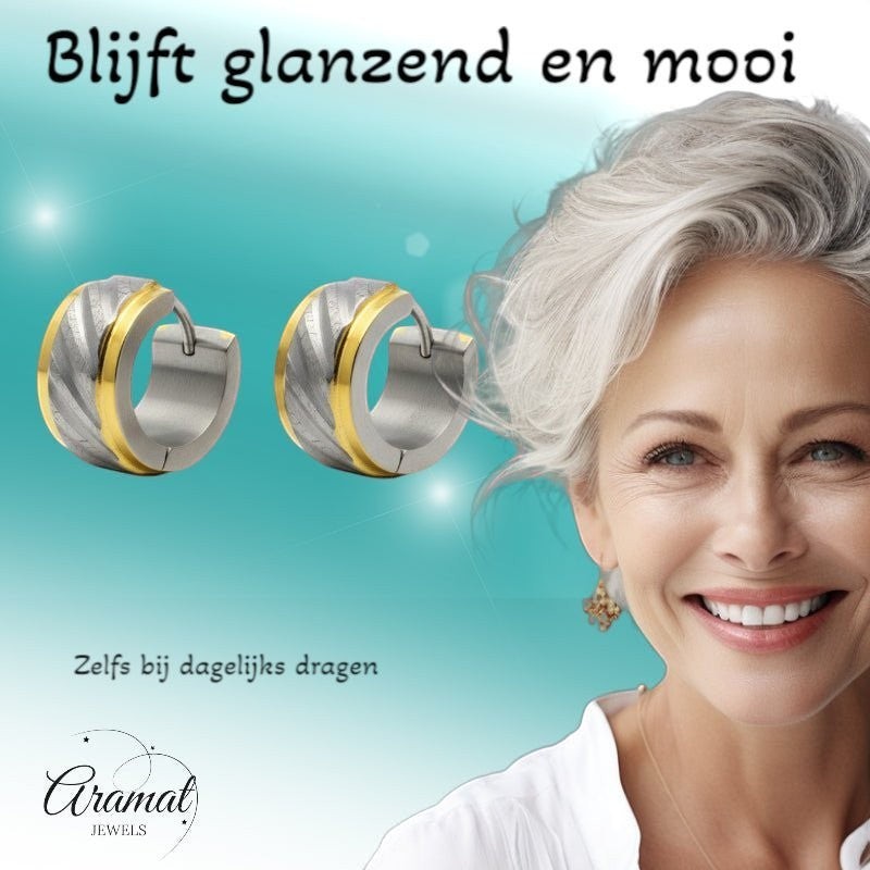 Huggies – Bicolor RVS Gediamanteerd Design (Goudkleur & Zilverkleur) - Aramat Jewels - Oorringen - cadeautip