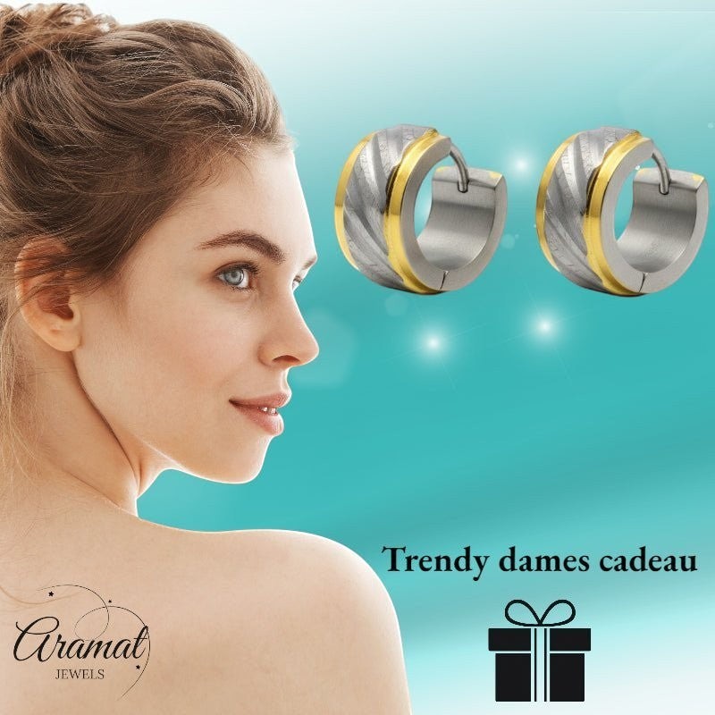 Huggies – Bicolor RVS Gediamanteerd Design (Goudkleur & Zilverkleur) - Aramat Jewels - Oorringen - cadeautip