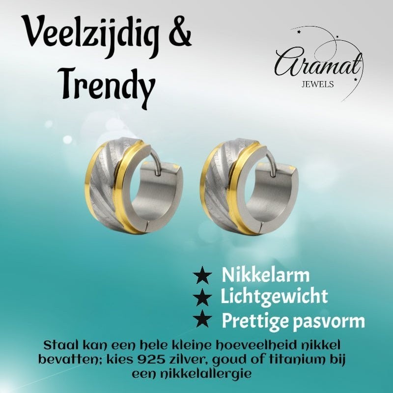 Huggies – Bicolor RVS Gediamanteerd Design (Goudkleur & Zilverkleur) - Aramat Jewels - Oorringen - cadeautip