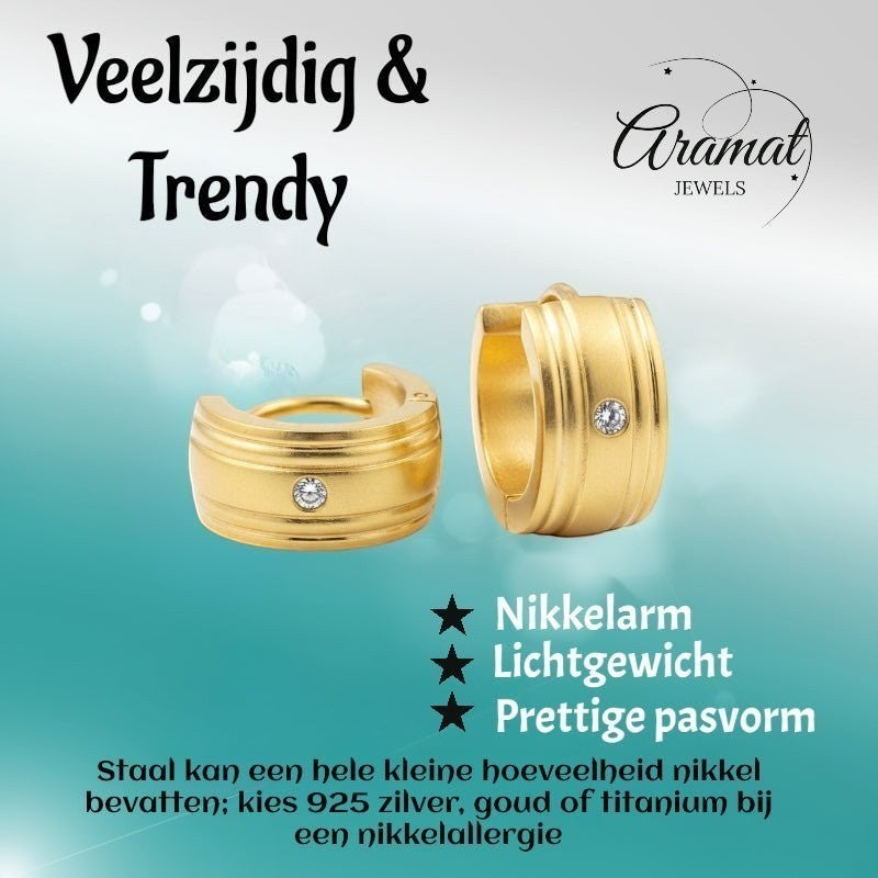 Huggies – Goudkleurig RVS met Zirkonia Steentje (13x7mm) - Aramat Jewels - Oorringen - cadeautip