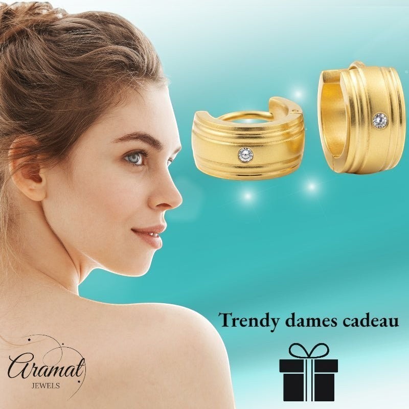 Huggies – Goudkleurig RVS met Zirkonia Steentje (13x7mm) - Aramat Jewels - Oorringen - cadeautip