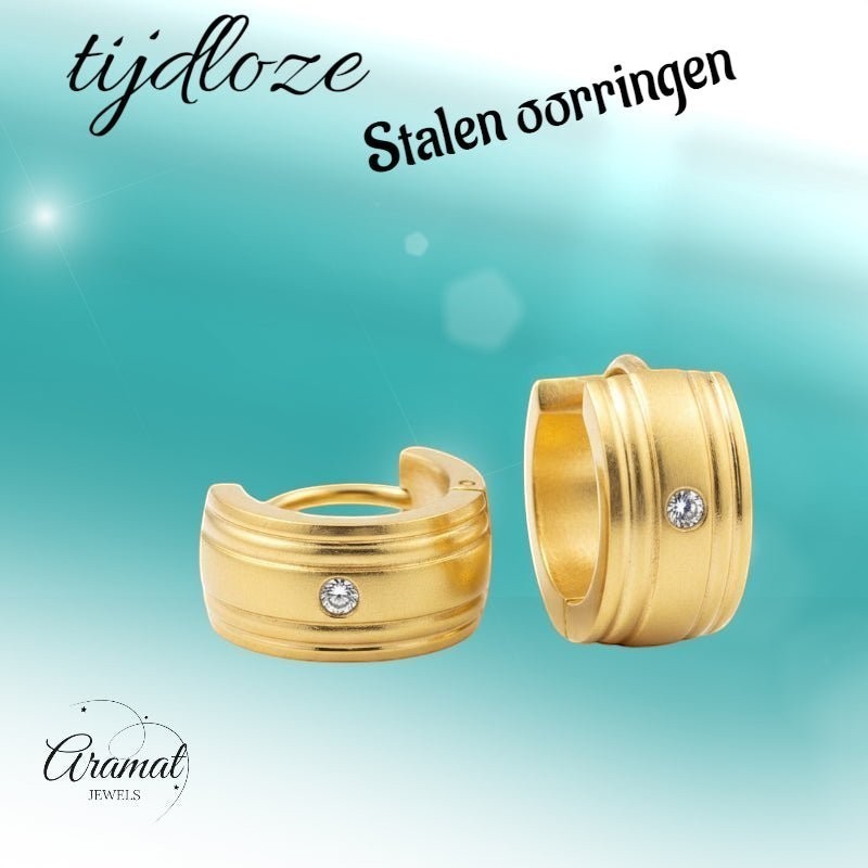 Huggies – Goudkleurig RVS met Zirkonia Steentje (13x7mm) - Aramat Jewels - Oorringen - cadeautip