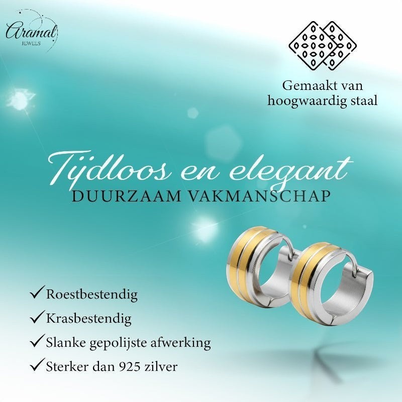 Huggies – RVS Bicolor met Dubbele Goudkleurige Streep (13mm) - Aramat Jewels - Oorringen - cadeautip