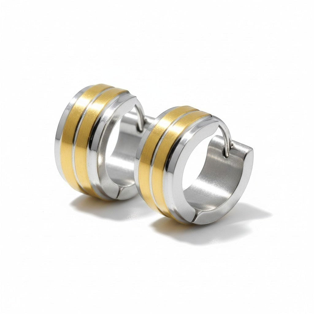 Huggies – RVS Bicolor met Dubbele Goudkleurige Streep (13mm) - Aramat Jewels - Oorringen - cadeautip