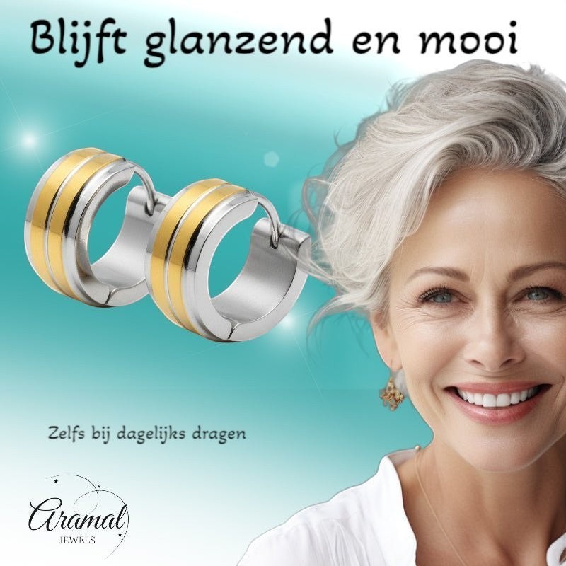 Huggies – RVS Bicolor met Dubbele Goudkleurige Streep (13mm) - Aramat Jewels - Oorringen - cadeautip