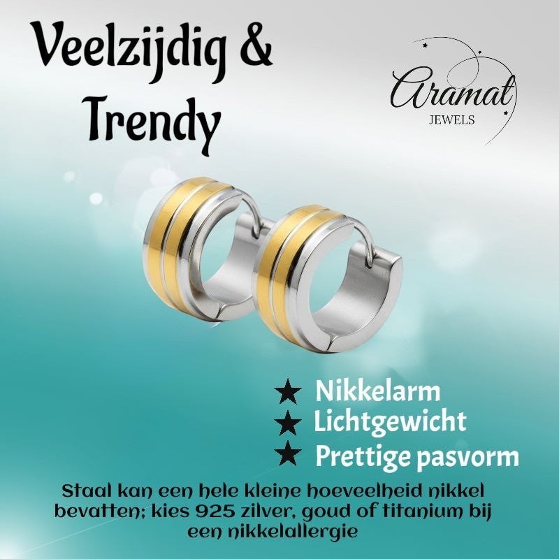 Huggies – RVS Bicolor met Dubbele Goudkleurige Streep (13mm) - Aramat Jewels - Oorringen - cadeautip