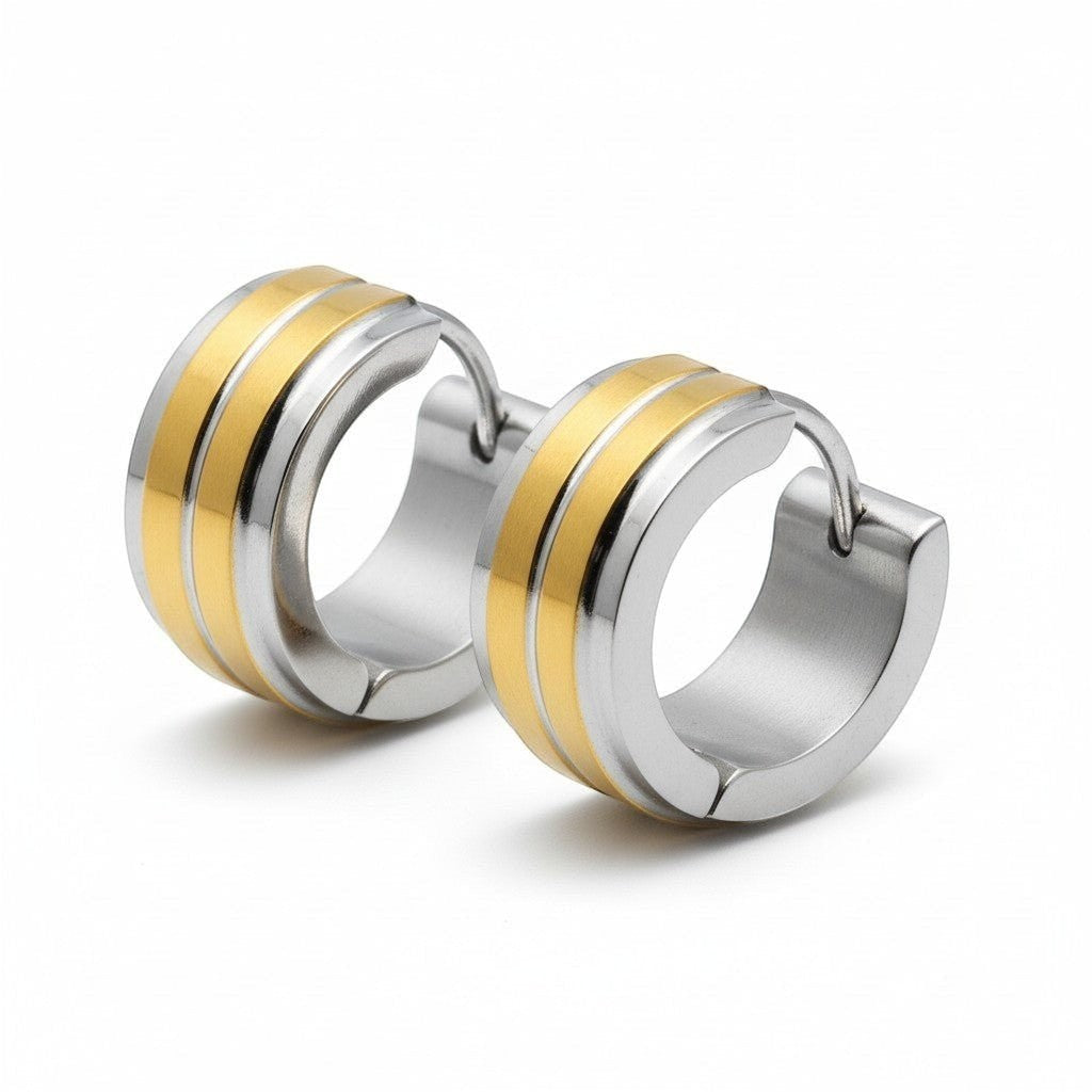 Huggies – RVS Bicolor met Dubbele Goudkleurige Streep (13mm) - Aramat Jewels - Oorringen - cadeautip