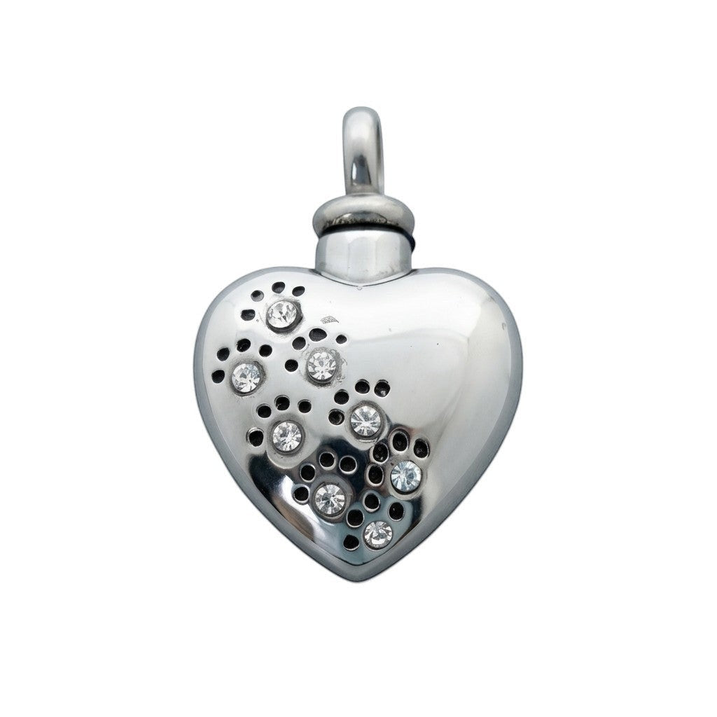 Aramat Jewels zilverkleurige stalen hartvormige ashanger met zirkonia pootjes en schroefsluiting.
